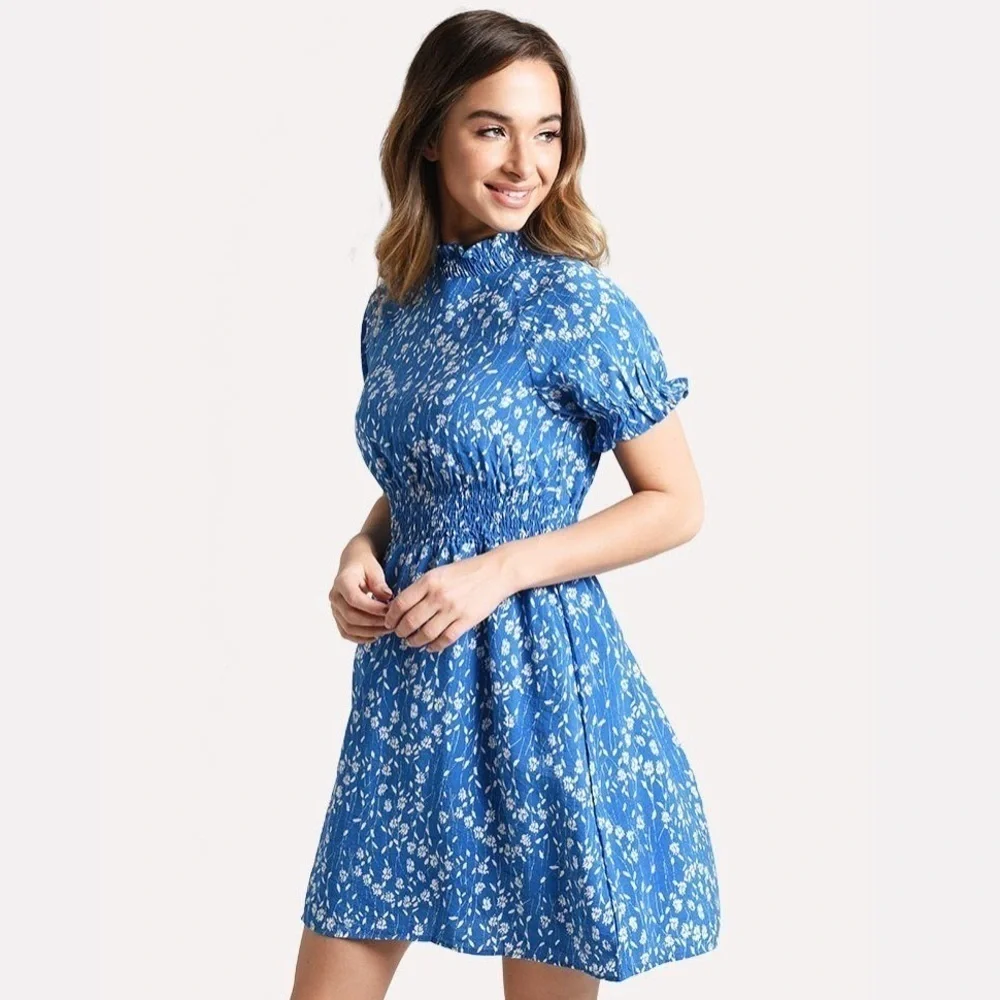 Hayden Blue Floral Smocked Neck Mini Dress Short Sleeve